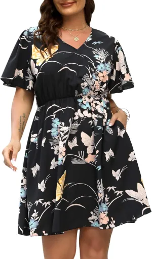 Nemidor Womens Casual V-Neck Plus Size Summer Boho Swing Wrap Dress with Pockets NEM266
