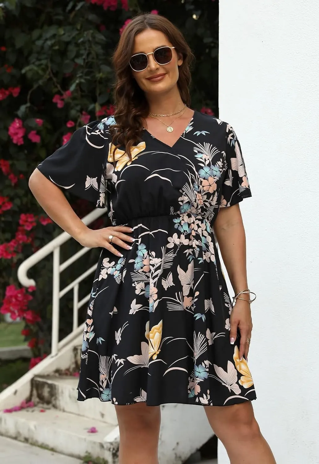 Nemidor Womens Casual V-Neck Plus Size Summer Boho Swing Wrap Dress with Pockets NEM266