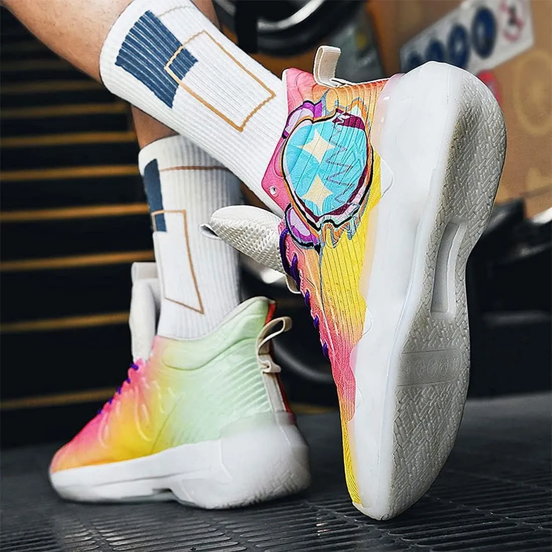 Neutral Fluorescent Basketball Shoes, Men Shoes Womens Shoes, Super Light Sneakers High Top, Graffiti Style