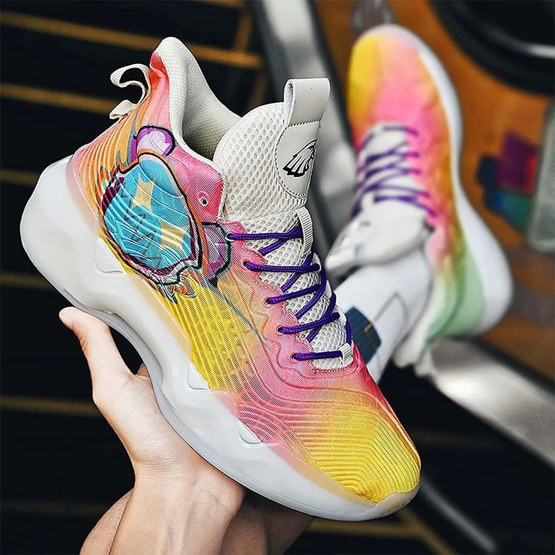 Neutral Fluorescent Basketball Shoes, Men Shoes Womens Shoes, Super Light Sneakers High Top, Graffiti Style