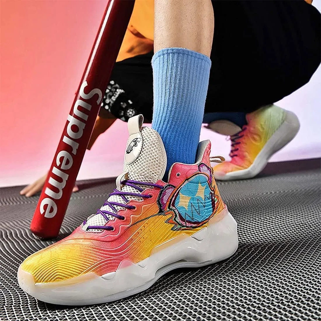 Neutral Fluorescent Basketball Shoes, Men Shoes Womens Shoes, Super Light Sneakers High Top, Graffiti Style