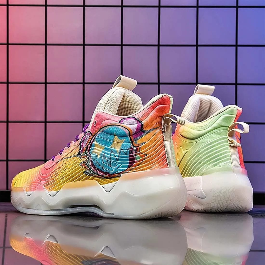 Neutral Fluorescent Basketball Shoes, Men Shoes Womens Shoes, Super Light Sneakers High Top, Graffiti Style