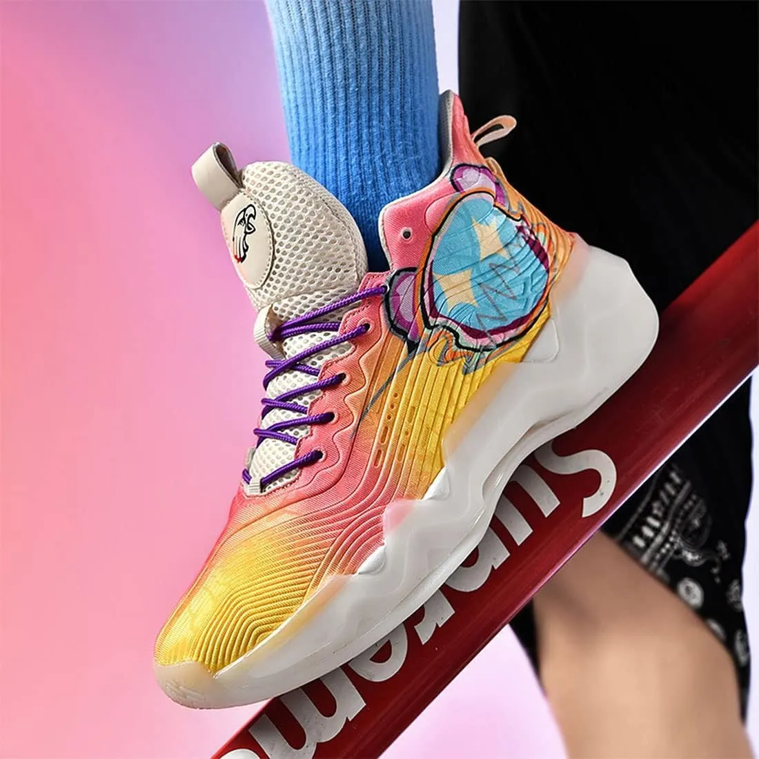 Neutral Fluorescent Basketball Shoes, Men Shoes Womens Shoes, Super Light Sneakers High Top, Graffiti Style