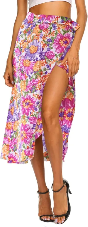 Newchoice Women's Boho Leopard Skirt High Low Split Summer Beach Midi Wrap Skirts
