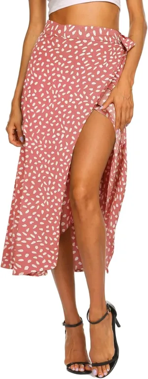 Newchoice Women's Boho Leopard Skirt High Low Split Summer Beach Midi Wrap Skirts