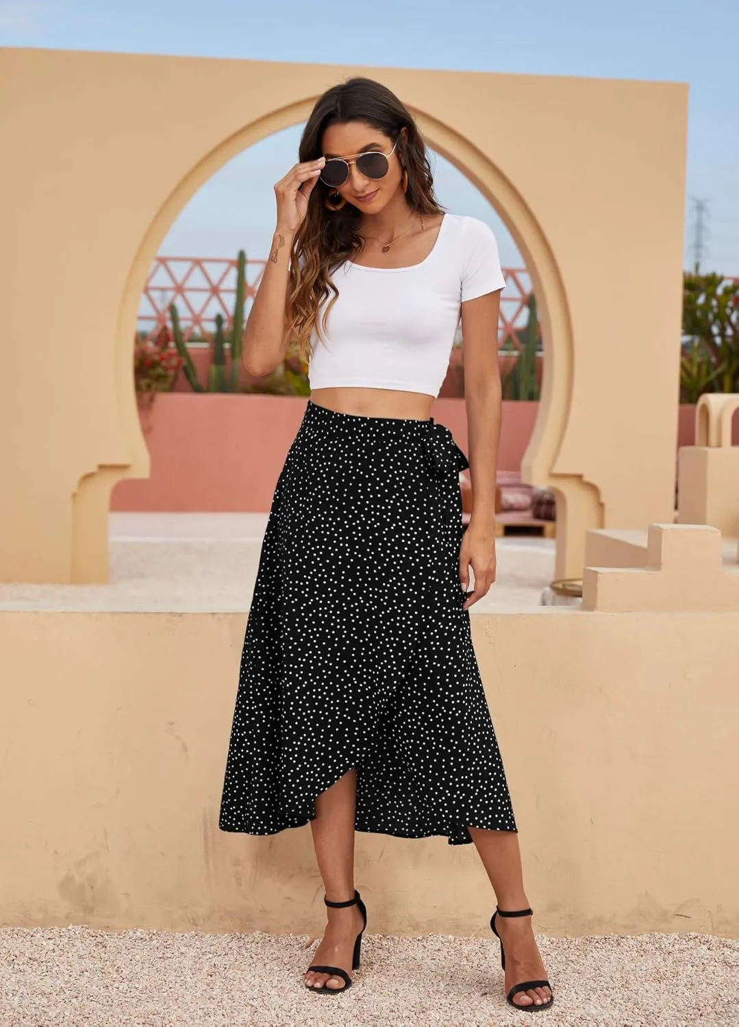 Newchoice Women's Boho Leopard Skirt High Low Split Summer Beach Midi Wrap Skirts