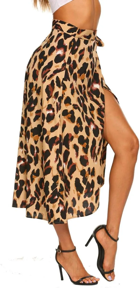 Newchoice Women's Boho Leopard Skirt High Low Split Summer Beach Midi Wrap Skirts