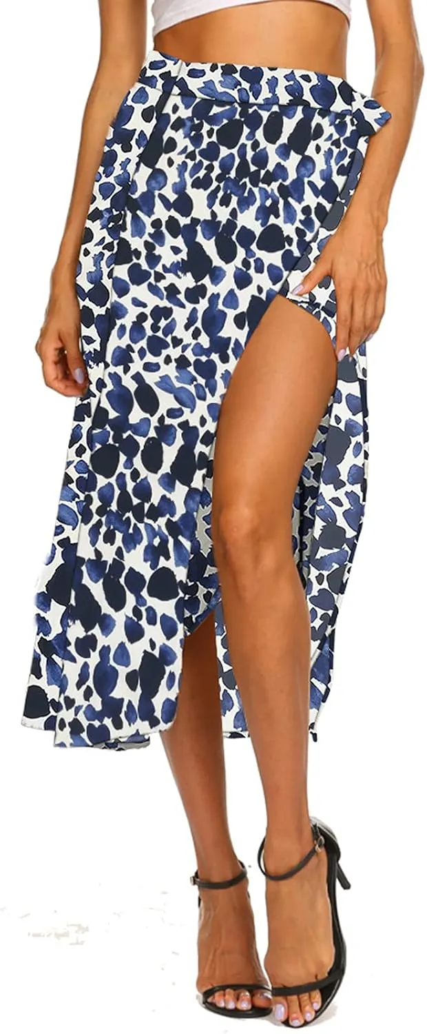 Newchoice Women's Boho Leopard Skirt High Low Split Summer Beach Midi Wrap Skirts