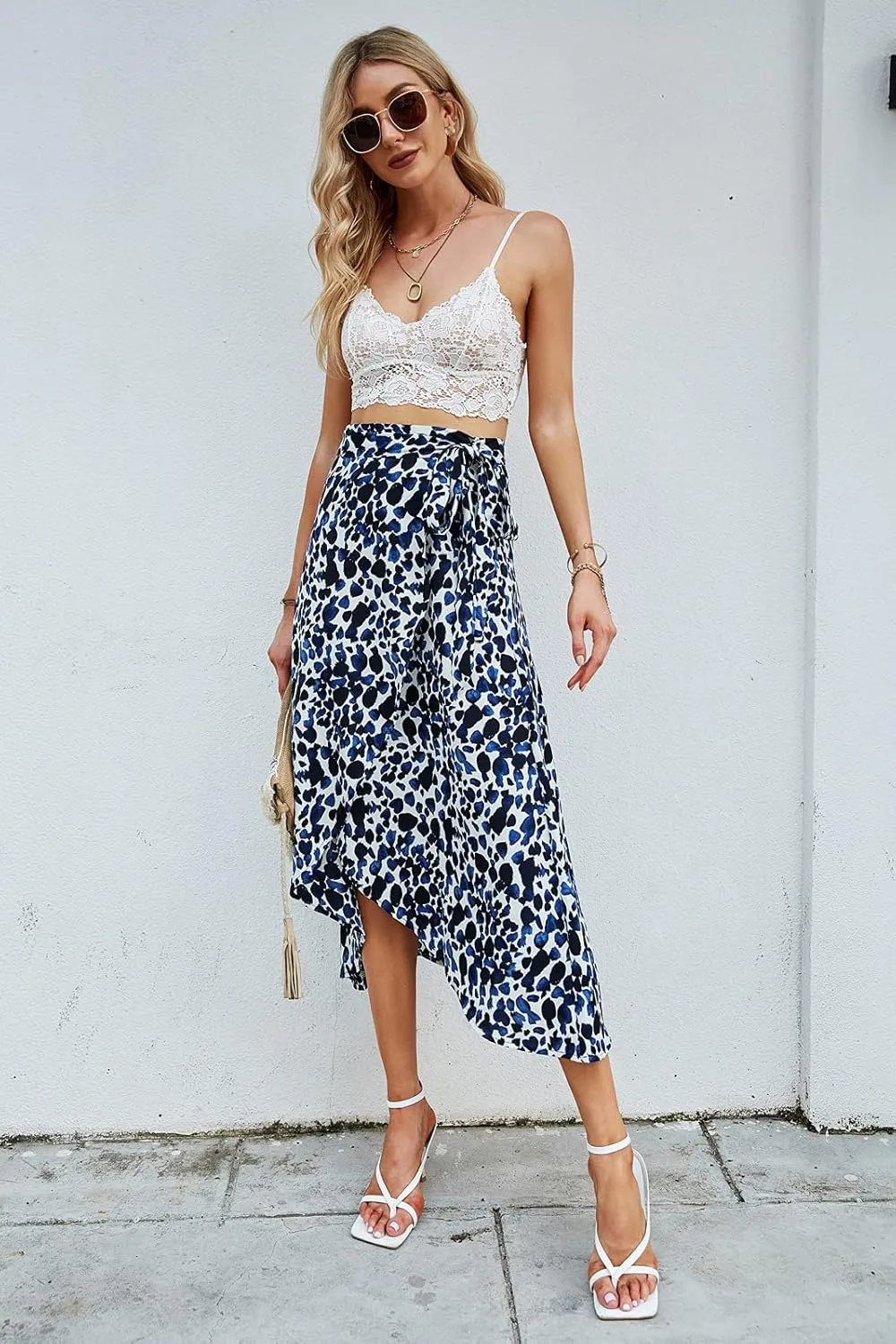 Newchoice Women's Boho Leopard Skirt High Low Split Summer Beach Midi Wrap Skirts