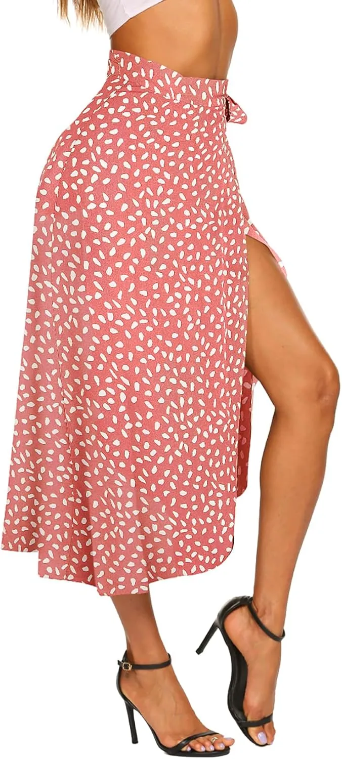 Newchoice Women's Boho Leopard Skirt High Low Split Summer Beach Midi Wrap Skirts