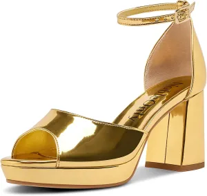 NobleOnly Platform Heels for Women - Chunky Heeled Sandals with Ankle Strap - Open Toe - Wedding & Prom Shoes - 3.2 Inches Heels