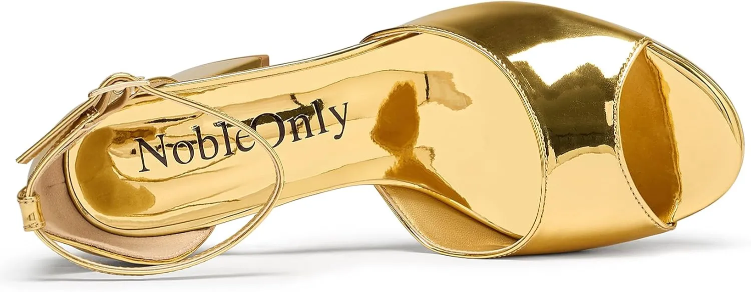 NobleOnly Platform Heels for Women - Chunky Heeled Sandals with Ankle Strap - Open Toe - Wedding & Prom Shoes - 3.2 Inches Heels
