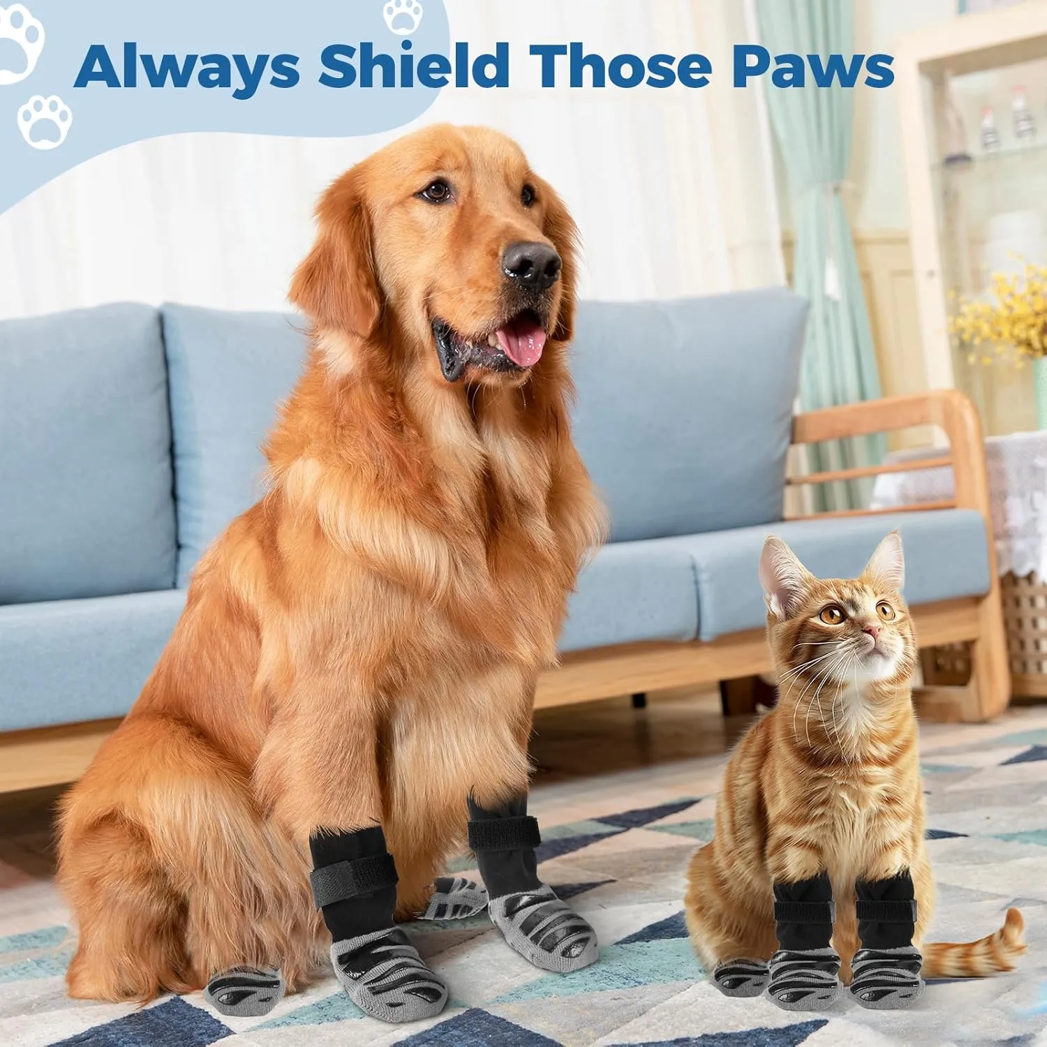 Non Slip Dog Socks for Hardwood Floors | Pet Socks to Prevent Licking Paws with 6 Pack Vet Wrap | Dog Boots & Paw Protectors for Small/Medium/Large Senior Dogs | Cat Paw Socks/Mittens