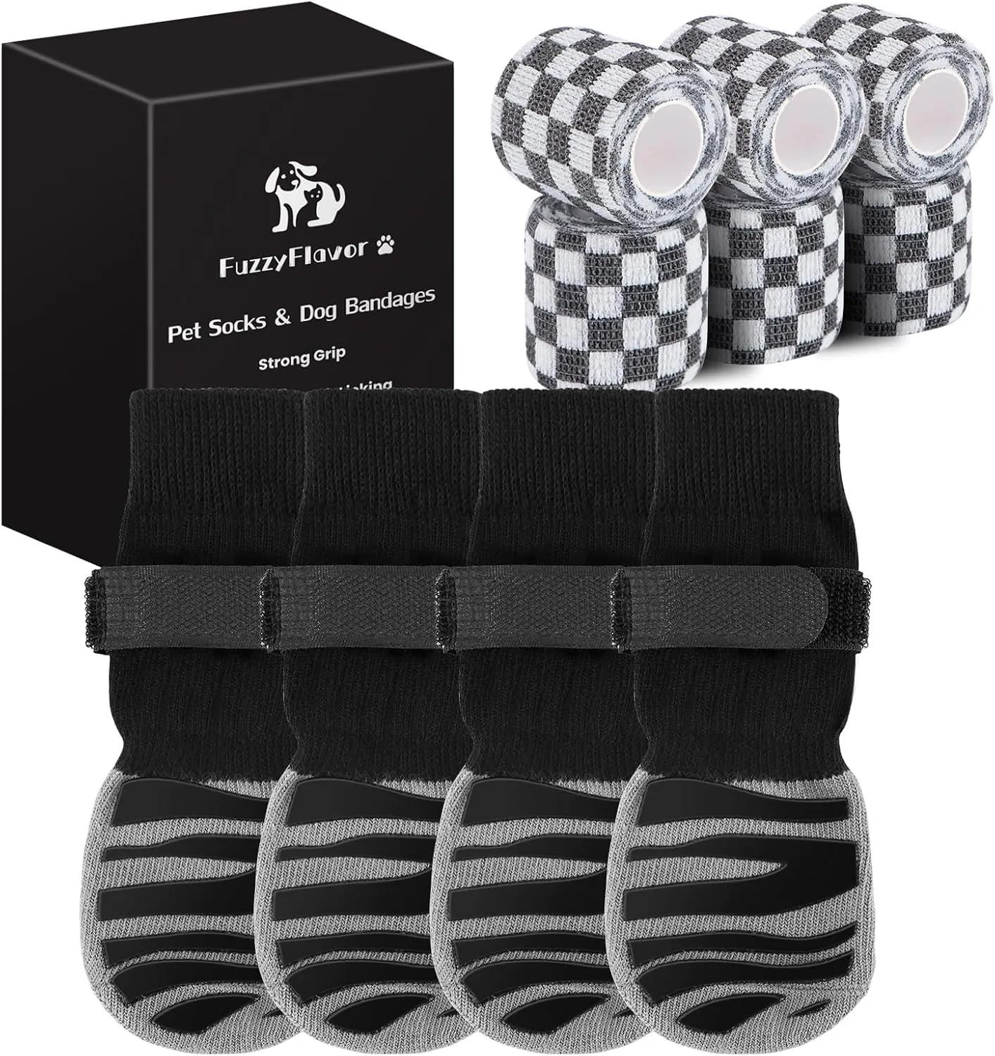 Non Slip Dog Socks for Hardwood Floors | Pet Socks to Prevent Licking Paws with 6 Pack Vet Wrap | Dog Boots & Paw Protectors for Small/Medium/Large Senior Dogs | Cat Paw Socks/Mittens