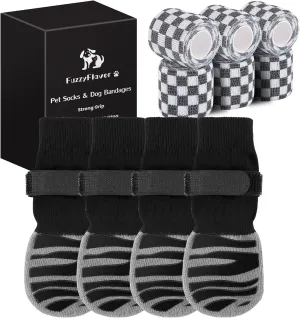 Non Slip Dog Socks for Hardwood Floors | Pet Socks to Prevent Licking Paws with 6 Pack Vet Wrap | Dog Boots & Paw Protectors for Small/Medium/Large Senior Dogs | Cat Paw Socks/Mittens