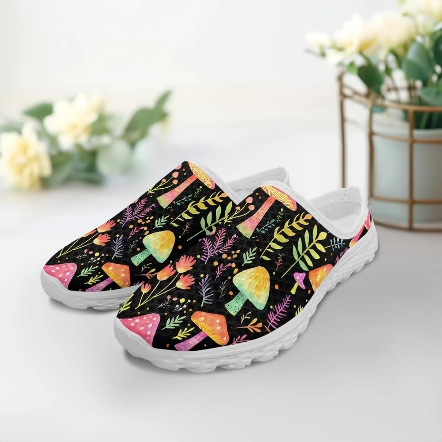 Novelty Mushrooms Women's Slip On Mule Sneakers Anti-Slip Walking Shoes with Elastic Thick Sole for Outdoor Indoor