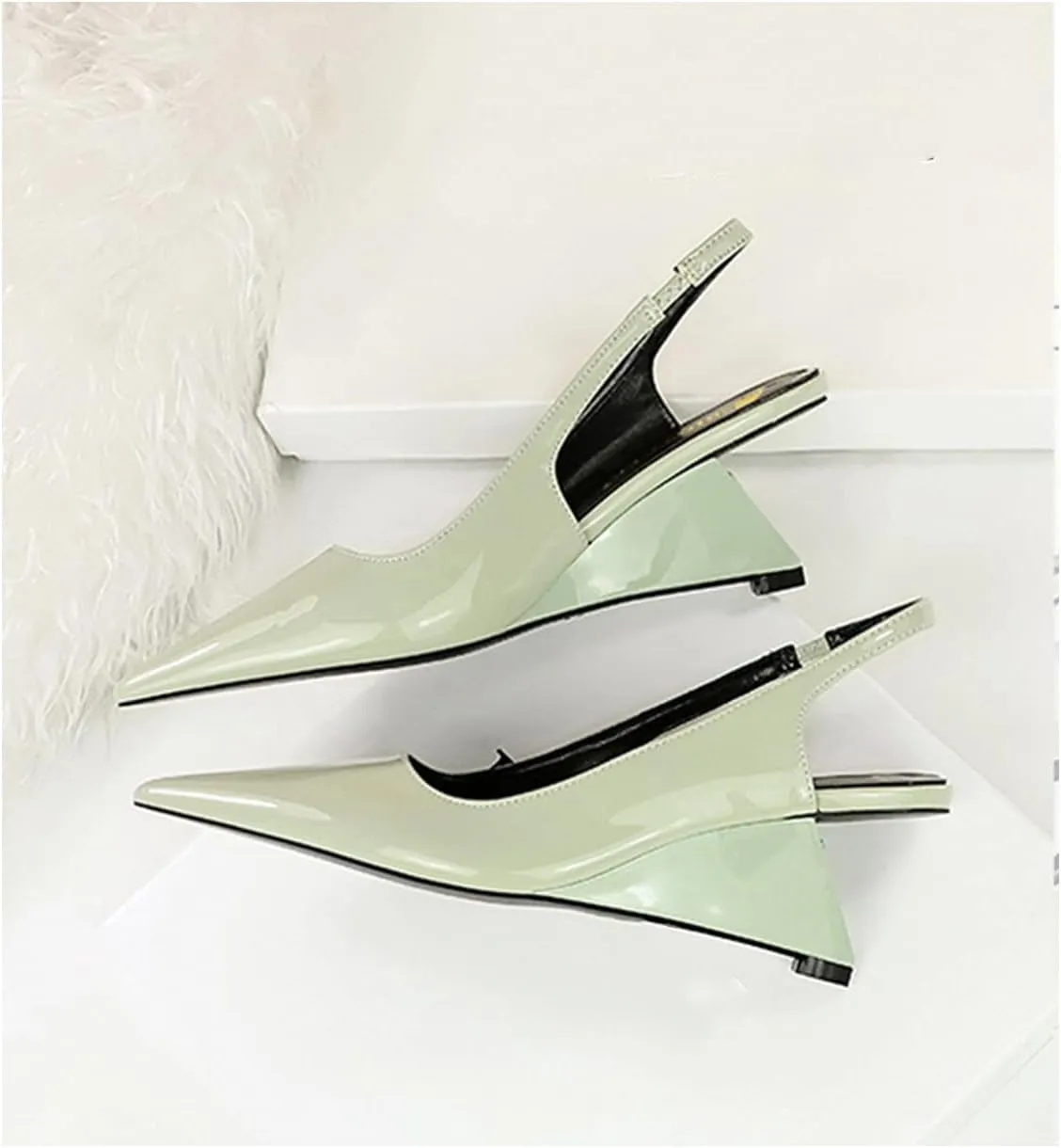 NSNEOND Women's Patent Leather Wedge Stiletto Heels Mules with Ankle Buckle Sexy Pointed Closed Pointed Toe Slip On High Heel Shoes for Wedding Party Dress Shoe