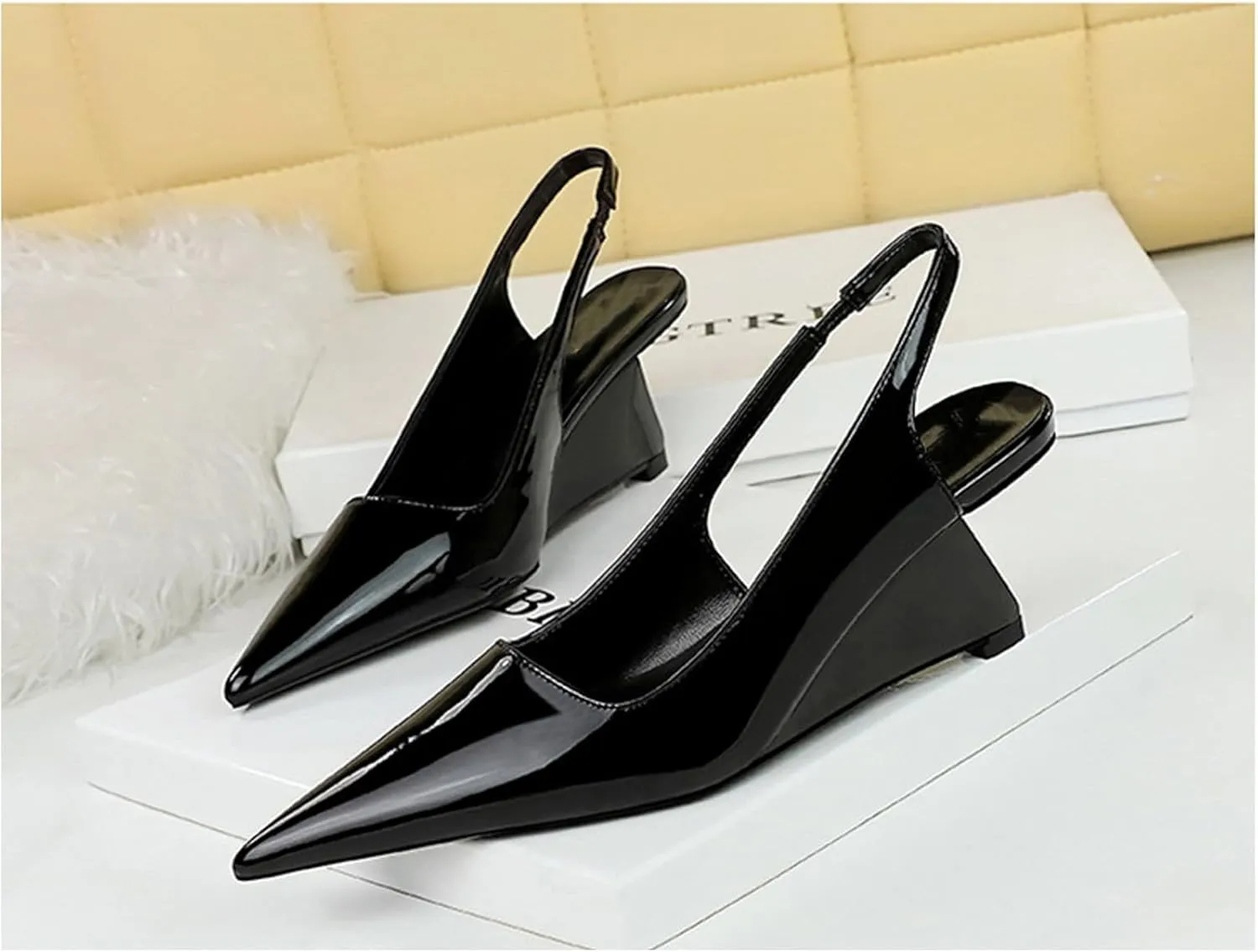 NSNEOND Women's Patent Leather Wedge Stiletto Heels Mules with Ankle Buckle Sexy Pointed Closed Pointed Toe Slip On High Heel Shoes for Wedding Party Dress Shoe