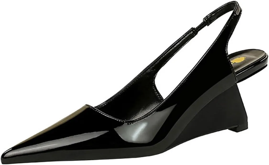NSNEOND Women's Patent Leather Wedge Stiletto Heels Mules with Ankle Buckle Sexy Pointed Closed Pointed Toe Slip On High Heel Shoes for Wedding Party Dress Shoe