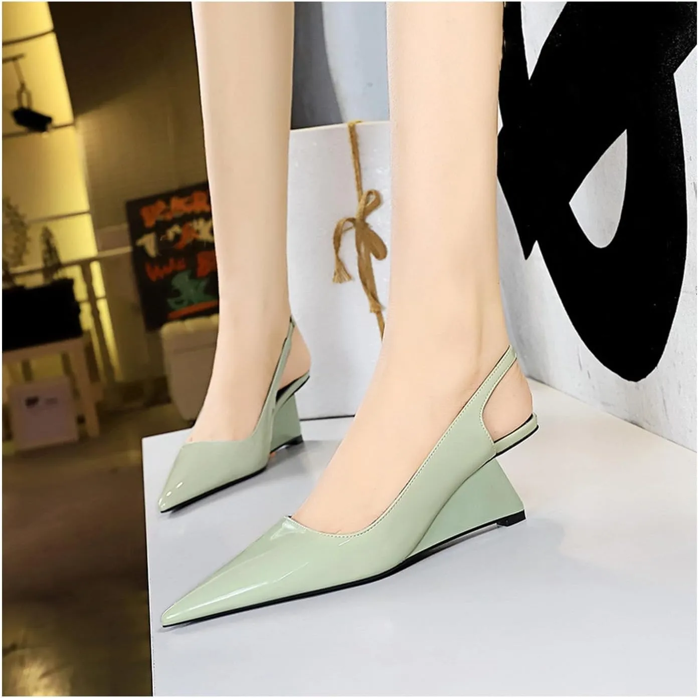 NSNEOND Women's Patent Leather Wedge Stiletto Heels Mules with Ankle Buckle Sexy Pointed Closed Pointed Toe Slip On High Heel Shoes for Wedding Party Dress Shoe