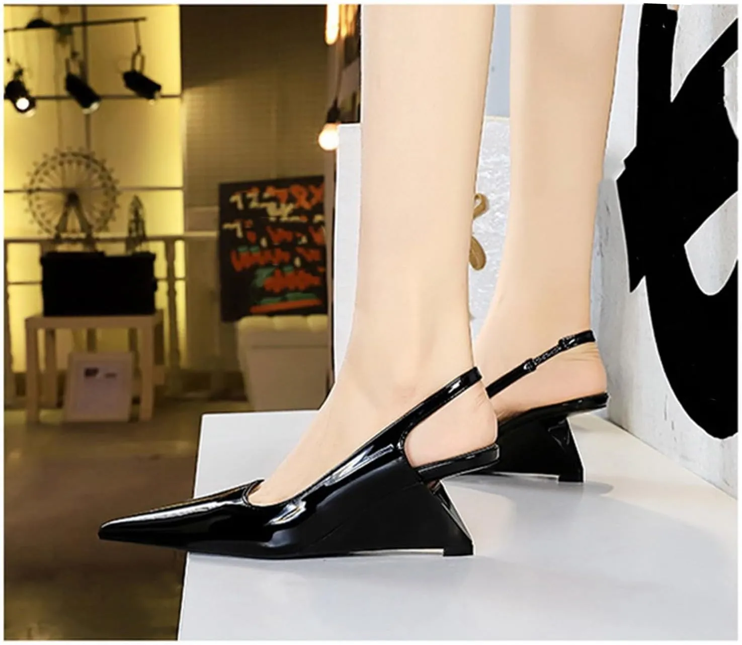 NSNEOND Women's Patent Leather Wedge Stiletto Heels Mules with Ankle Buckle Sexy Pointed Closed Pointed Toe Slip On High Heel Shoes for Wedding Party Dress Shoe