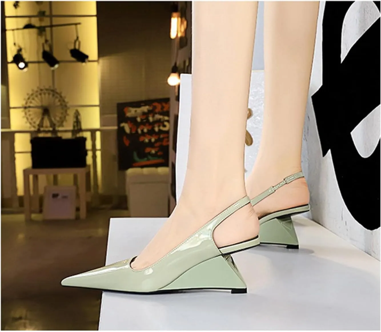 NSNEOND Women's Patent Leather Wedge Stiletto Heels Mules with Ankle Buckle Sexy Pointed Closed Pointed Toe Slip On High Heel Shoes for Wedding Party Dress Shoe