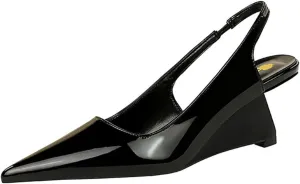 NSNEOND Women's Patent Leather Wedge Stiletto Heels Mules with Ankle Buckle Sexy Pointed Closed Pointed Toe Slip On High Heel Shoes for Wedding Party Dress Shoe