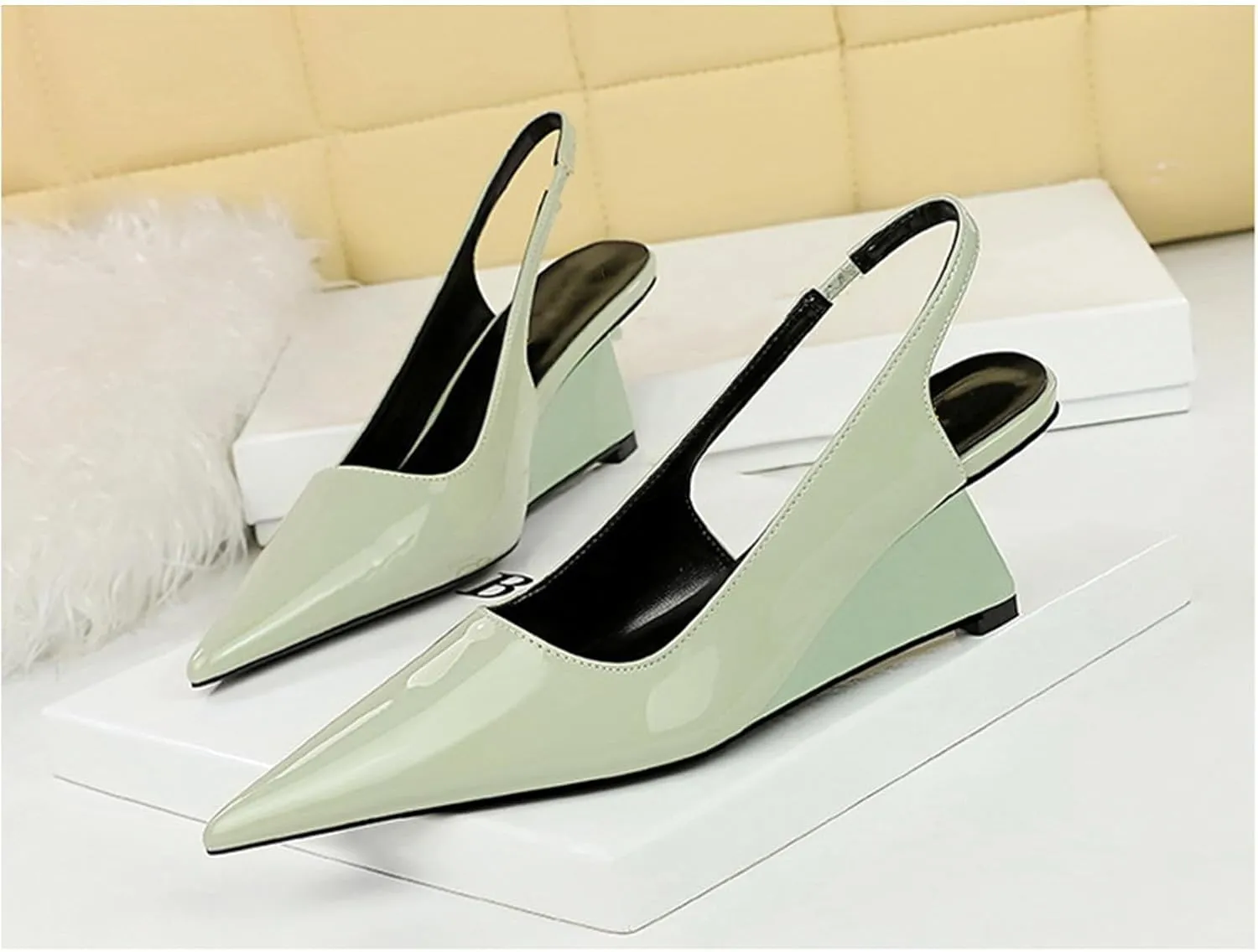NSNEOND Women's Patent Leather Wedge Stiletto Heels Mules with Ankle Buckle Sexy Pointed Closed Pointed Toe Slip On High Heel Shoes for Wedding Party Dress Shoe