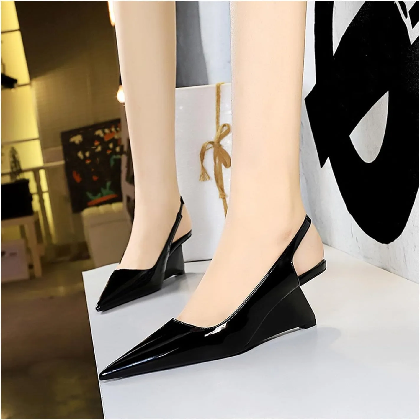 NSNEOND Women's Patent Leather Wedge Stiletto Heels Mules with Ankle Buckle Sexy Pointed Closed Pointed Toe Slip On High Heel Shoes for Wedding Party Dress Shoe