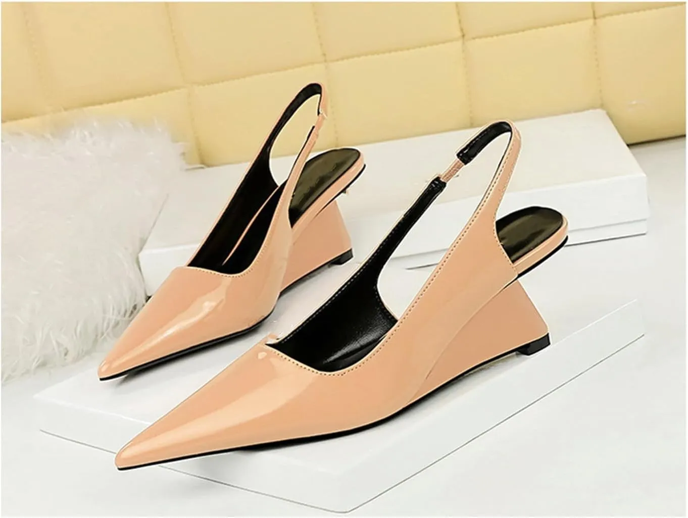 NSNEOND Women's Patent Leather Wedge Stiletto Heels Mules with Ankle Buckle Sexy Pointed Closed Pointed Toe Slip On High Heel Shoes for Wedding Party Dress Shoe
