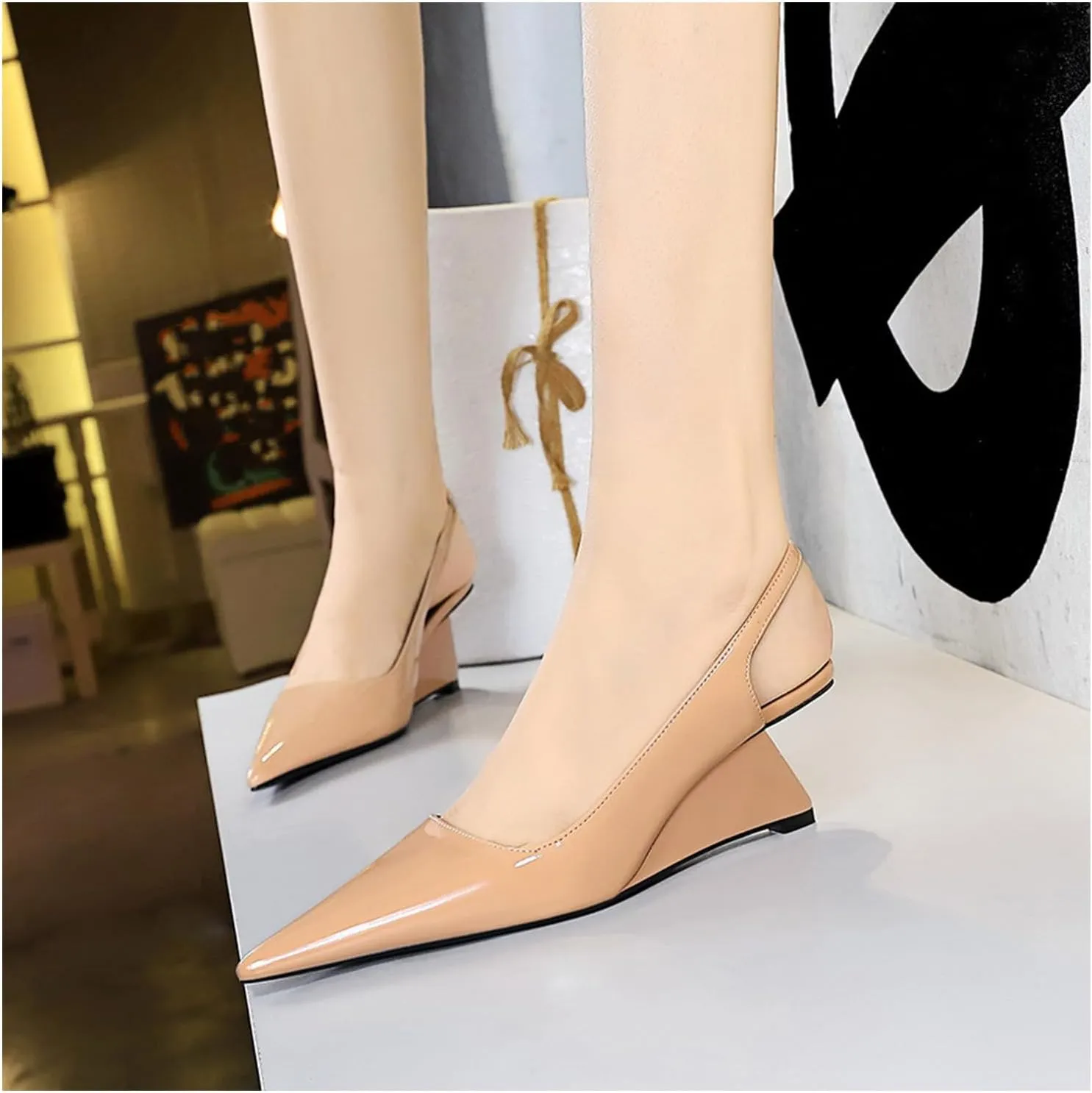NSNEOND Women's Patent Leather Wedge Stiletto Heels Mules with Ankle Buckle Sexy Pointed Closed Pointed Toe Slip On High Heel Shoes for Wedding Party Dress Shoe