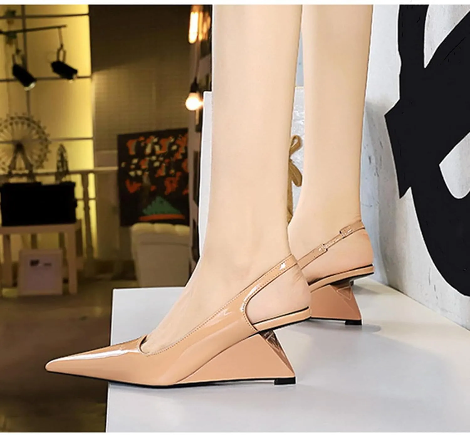 NSNEOND Women's Patent Leather Wedge Stiletto Heels Mules with Ankle Buckle Sexy Pointed Closed Pointed Toe Slip On High Heel Shoes for Wedding Party Dress Shoe