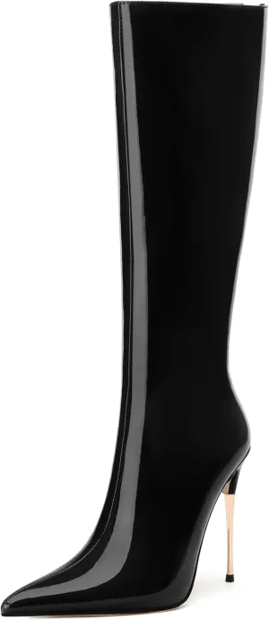 NUMALEO Women's Knee High Boots Pointed Toe Tall Boots 4 Inch Stiletto High Heel Long Boots with Zipper Patent Knee High Booties Fashion Trendy Casual Dress Shoes
