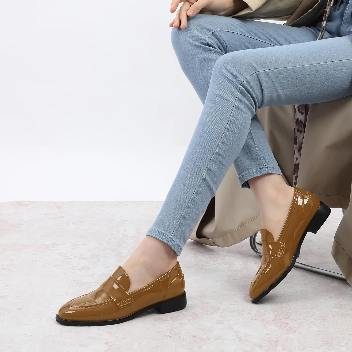 NUMALEO Women's Loafers Penny Loafers & Slip-ons Flats Closed Round Toe Low Heel Shoes 1 Inch Patent Fashion Casual Shoes Comfortable Work Office Flats Dressy Shoes