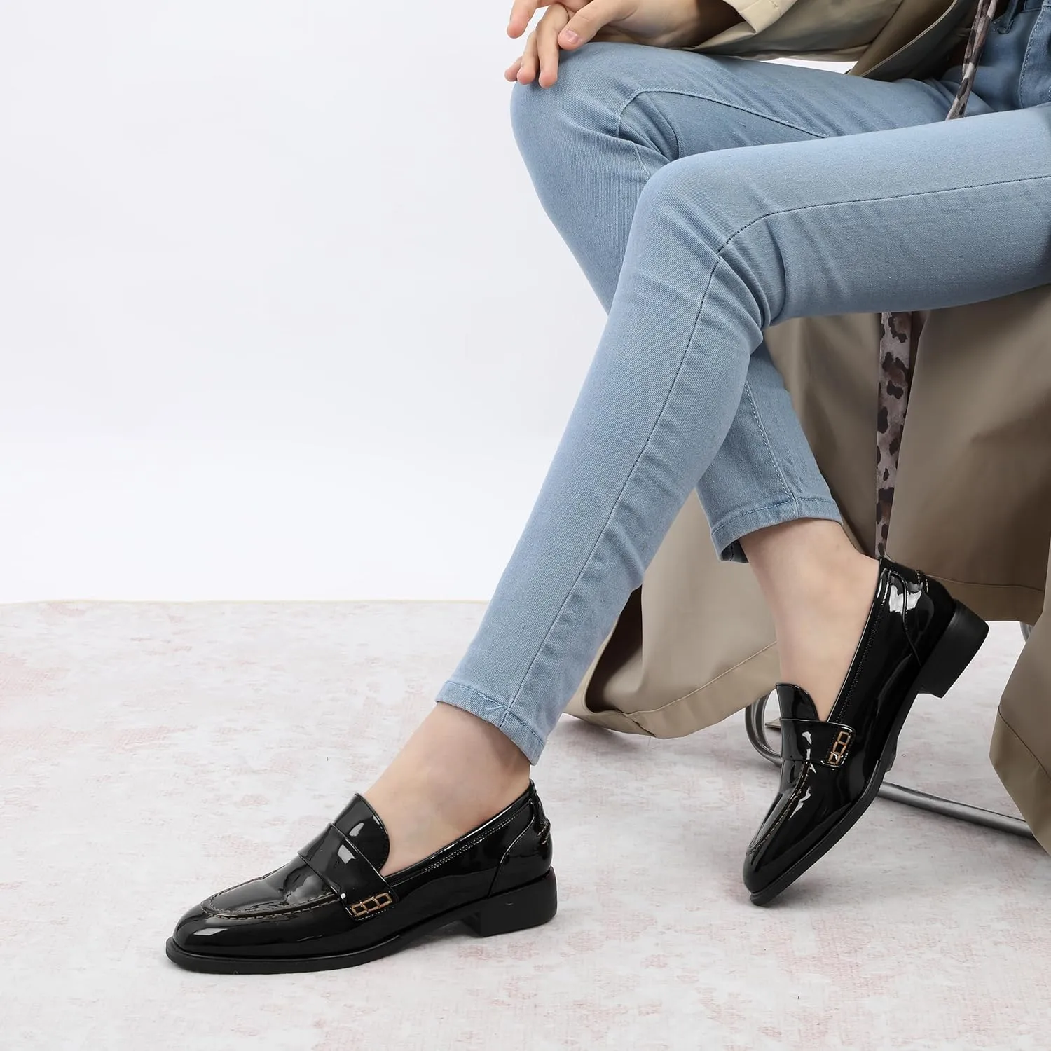 NUMALEO Women's Loafers Penny Loafers & Slip-ons Flats Closed Round Toe Low Heel Shoes 1 Inch Patent Fashion Casual Shoes Comfortable Work Office Flats Dressy Shoes