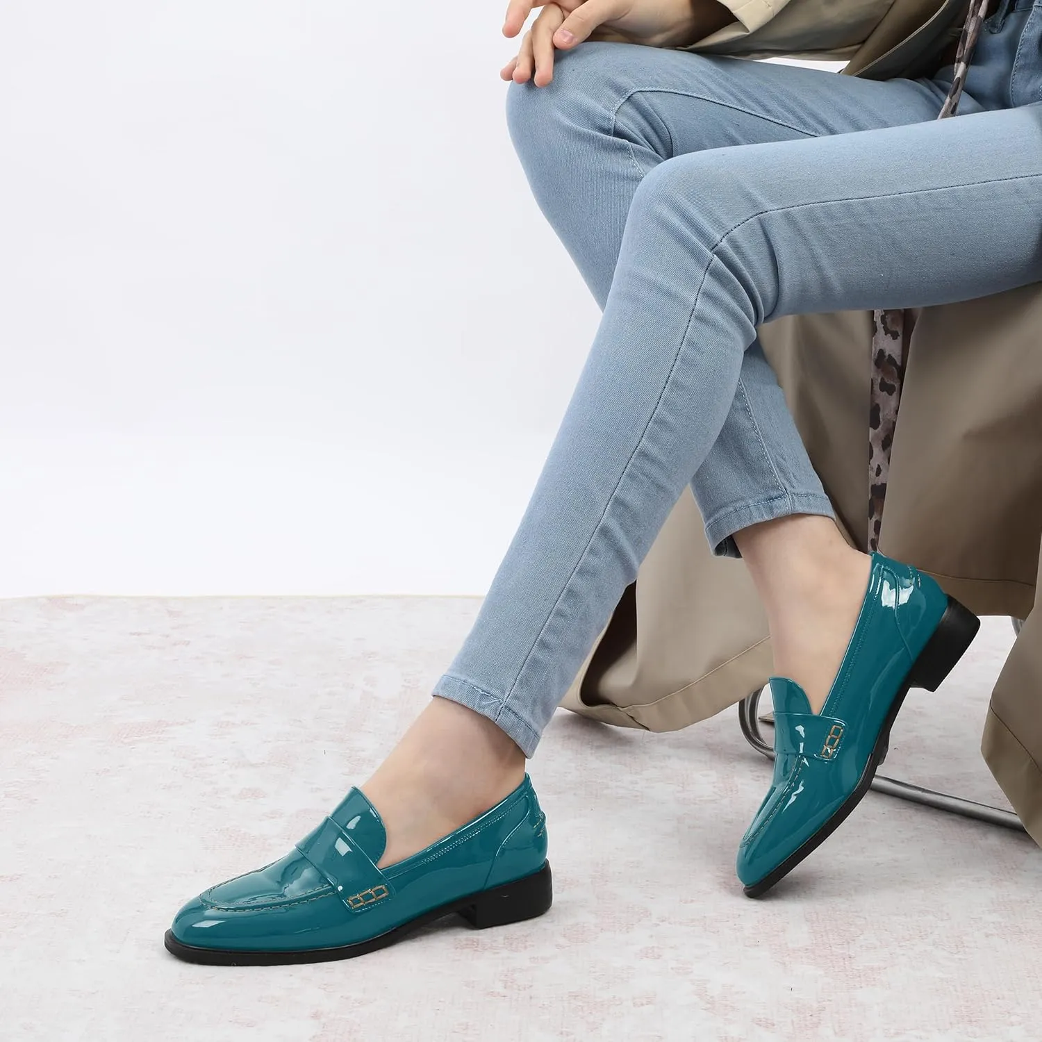 NUMALEO Women's Loafers Penny Loafers & Slip-ons Flats Closed Round Toe Low Heel Shoes 1 Inch Patent Fashion Casual Shoes Comfortable Work Office Flats Dressy Shoes