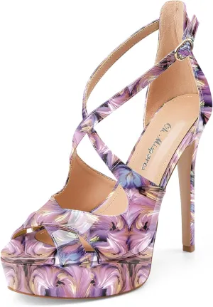 Oh Mispares Platform High Heel Sandals Peep Toe Stiletto Crisscross Strappy Buckle 5 inch Heels Dressy Heeled Sandals for Women/Girls