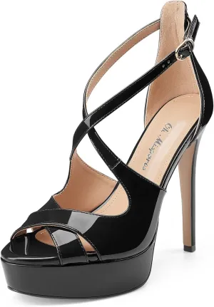 Oh Mispares Platform High Heel Sandals Peep Toe Stiletto Crisscross Strappy Buckle 5 inch Heels Dressy Heeled Sandals for Women/Girls