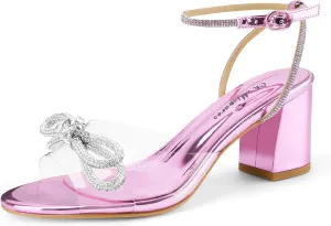 Oh Mispares Women's Clear Heels Double Bowknots Crystal Sandals Round Open Toe Rhinestone Transparent Chunky Bow Heels Gold Ankle Strap Sandal Shoes