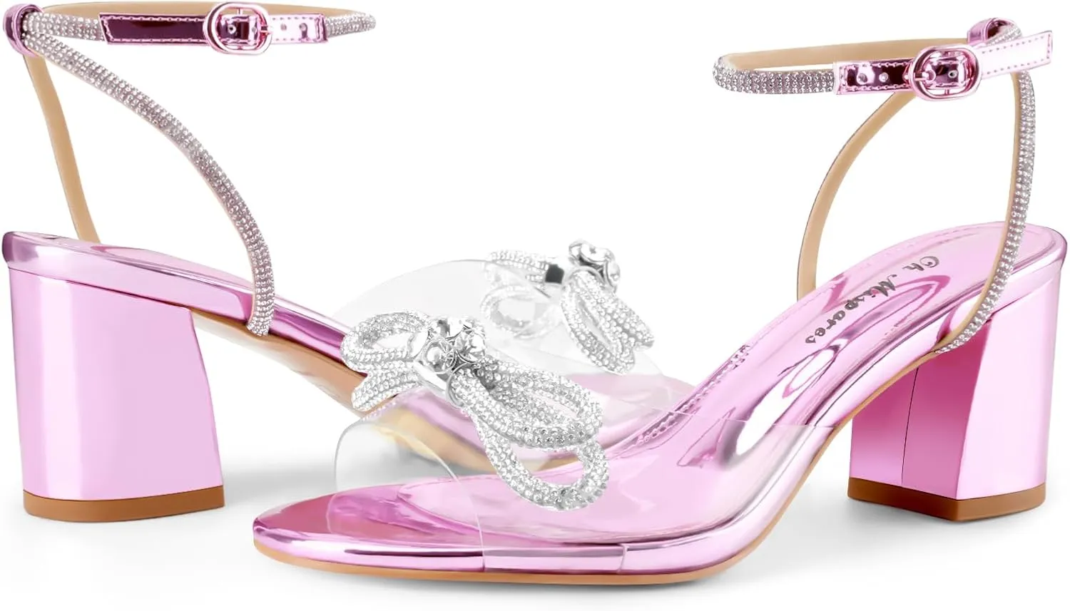 Oh Mispares Women's Clear Heels Double Bowknots Crystal Sandals Round Open Toe Rhinestone Transparent Chunky Bow Heels Gold Ankle Strap Sandal Shoes