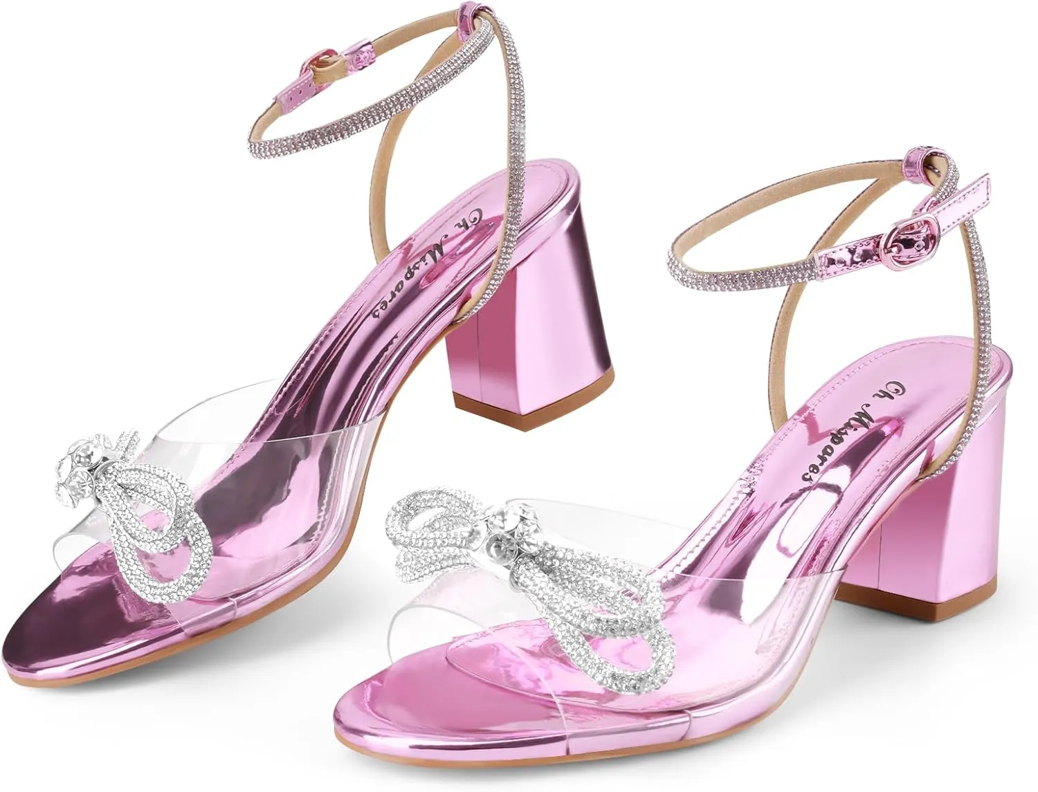Oh Mispares Women's Clear Heels Double Bowknots Crystal Sandals Round Open Toe Rhinestone Transparent Chunky Bow Heels Gold Ankle Strap Sandal Shoes