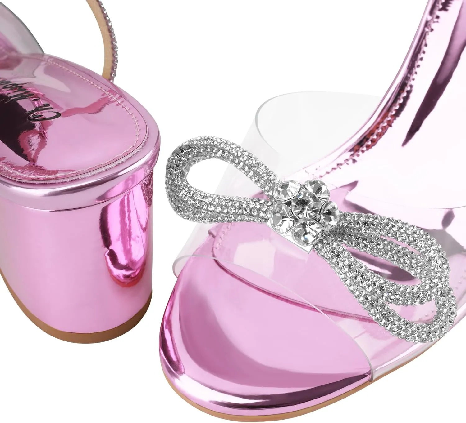 Oh Mispares Women's Clear Heels Double Bowknots Crystal Sandals Round Open Toe Rhinestone Transparent Chunky Bow Heels Gold Ankle Strap Sandal Shoes