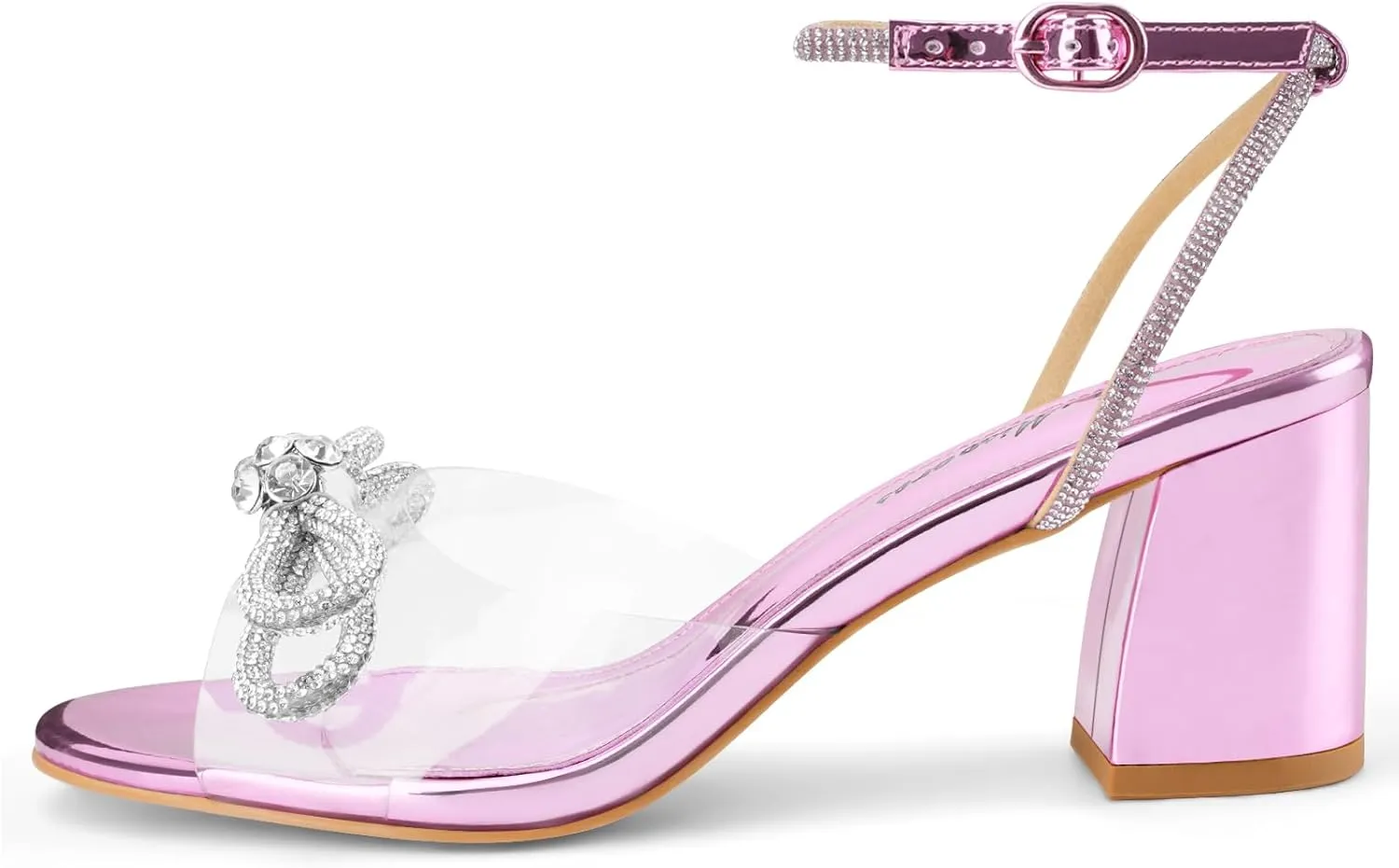 Oh Mispares Women's Clear Heels Double Bowknots Crystal Sandals Round Open Toe Rhinestone Transparent Chunky Bow Heels Gold Ankle Strap Sandal Shoes
