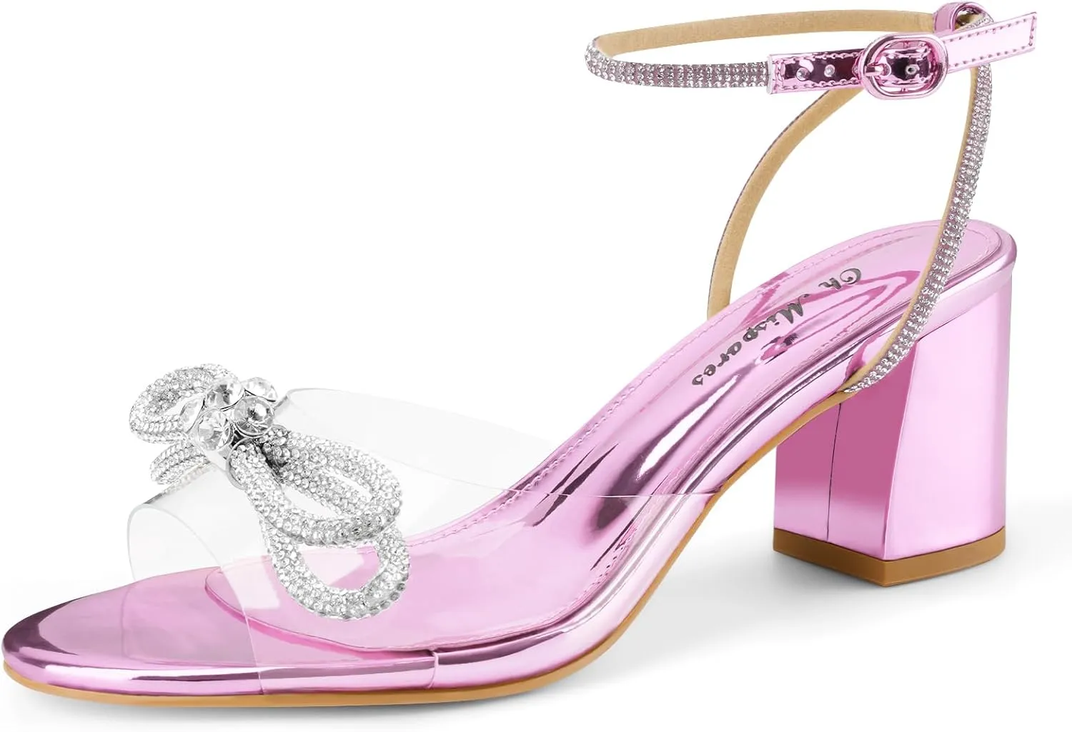 Oh Mispares Women's Clear Heels Double Bowknots Crystal Sandals Round Open Toe Rhinestone Transparent Chunky Bow Heels Gold Ankle Strap Sandal Shoes