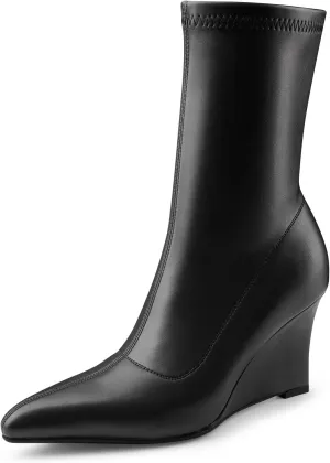 Oh Mispares Women’s Mid Calf Boots Wedge Heel Pointed Toe Side Zipper Comfortable Ankle Short Boots Closed Toe Elegant Party Dress Booties 3 Inches