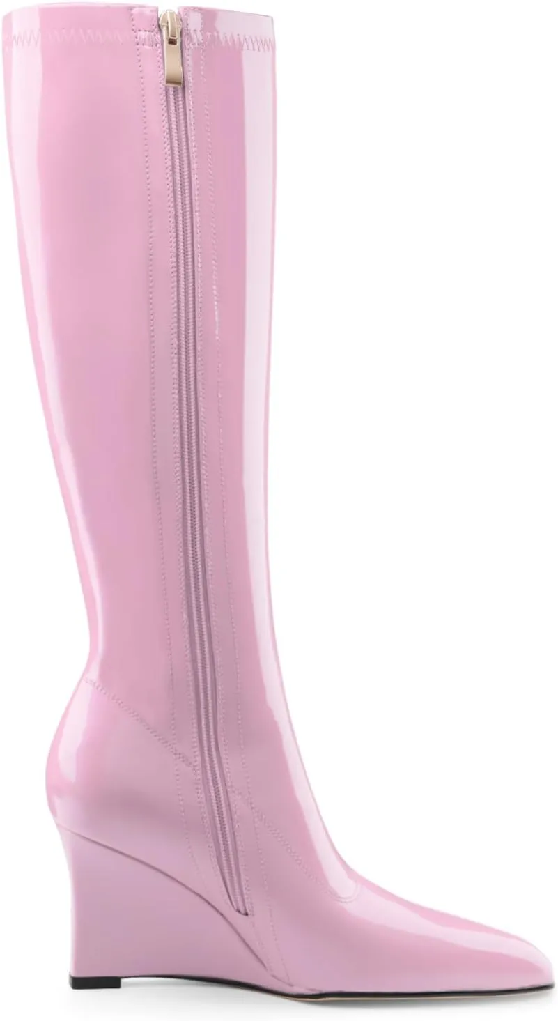 Oh Mispares Women's Wedge Heel Knee High Boots Classic Pointed Toe Tall Boots Patent Leather Fashion Long Boots with Side Zipper Comfortable Winter Dress Shoes