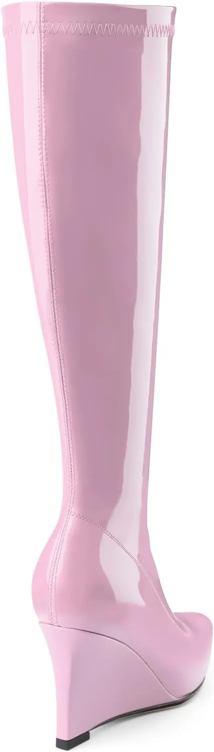 Oh Mispares Women's Wedge Heel Knee High Boots Classic Pointed Toe Tall Boots Patent Leather Fashion Long Boots with Side Zipper Comfortable Winter Dress Shoes