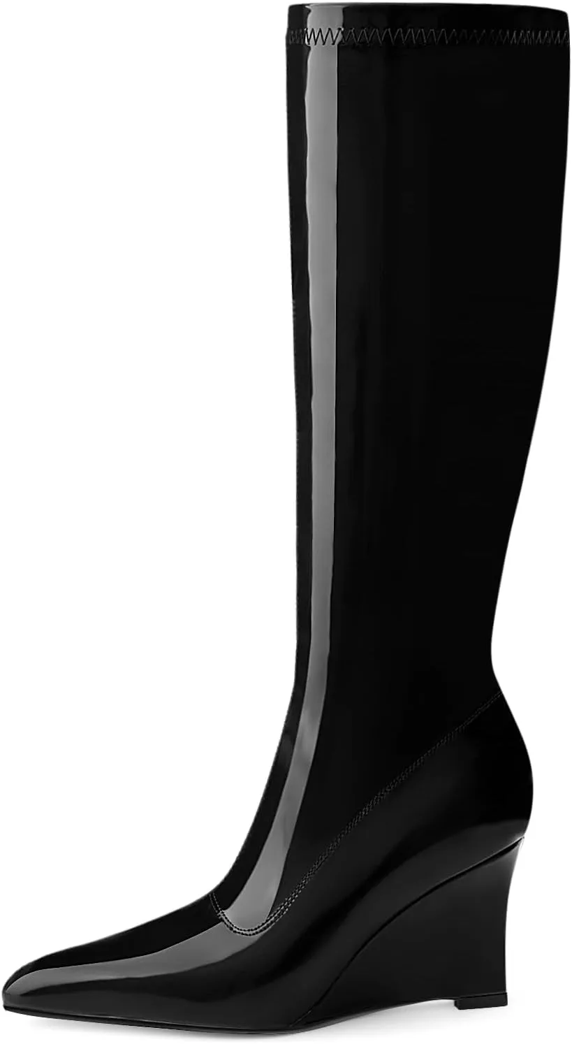 Oh Mispares Women's Wedge Heel Knee High Boots Classic Pointed Toe Tall Boots Patent Leather Fashion Long Boots with Side Zipper Comfortable Winter Dress Shoes