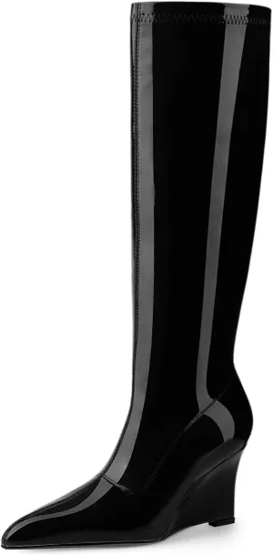 Oh Mispares Women's Wedge Heel Knee High Boots Classic Pointed Toe Tall Boots Patent Leather Fashion Long Boots with Side Zipper Comfortable Winter Dress Shoes