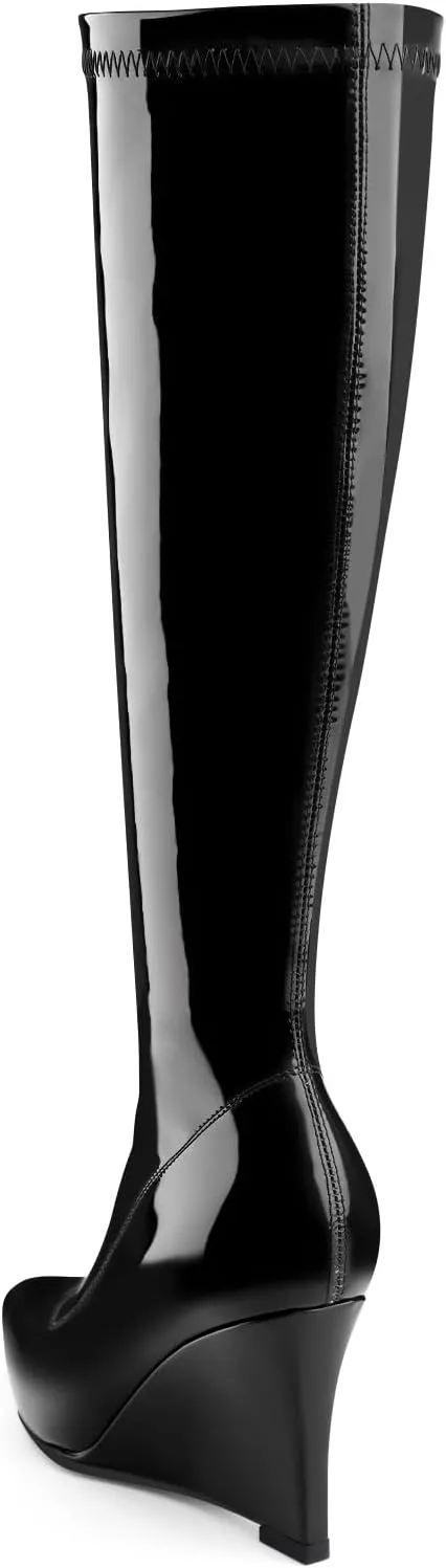 Oh Mispares Women's Wedge Heel Knee High Boots Classic Pointed Toe Tall Boots Patent Leather Fashion Long Boots with Side Zipper Comfortable Winter Dress Shoes